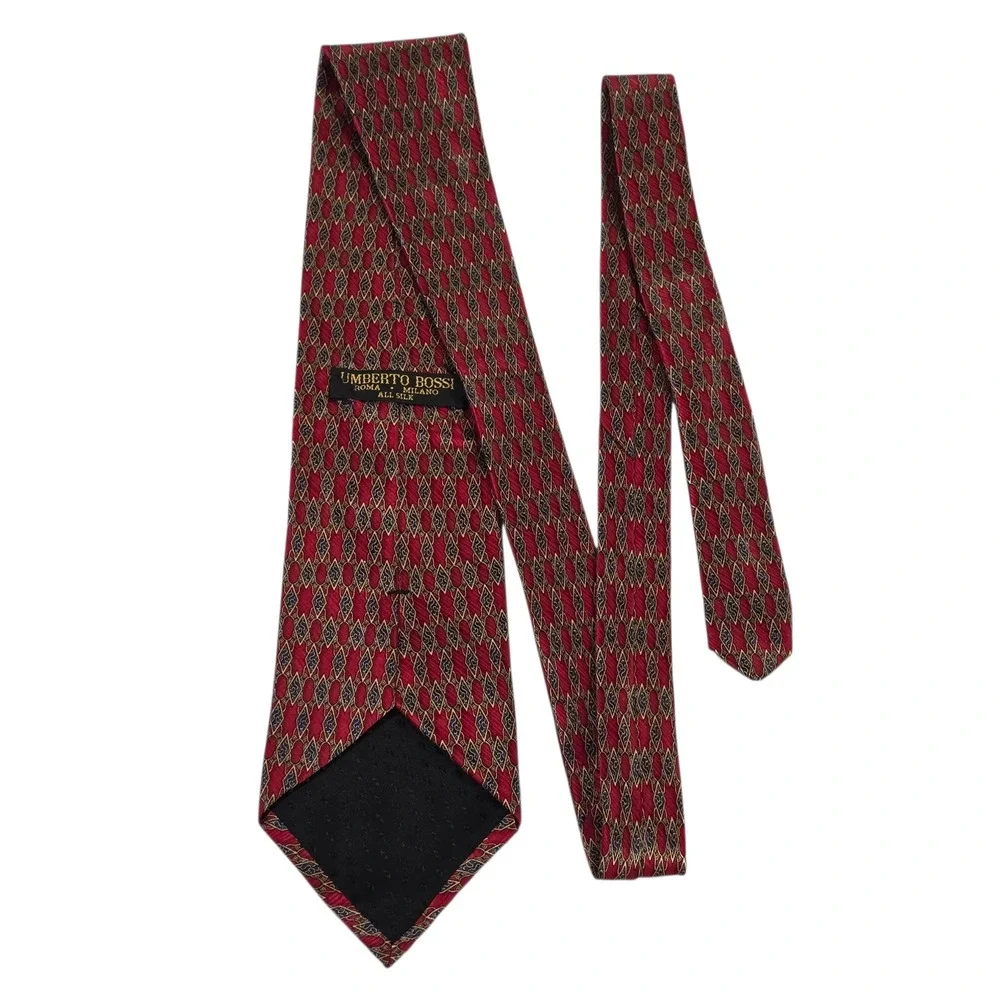 Umberto Bossi Mens Necktie One Size Red Silk Classic Slim Argyle Pattern Formal‎